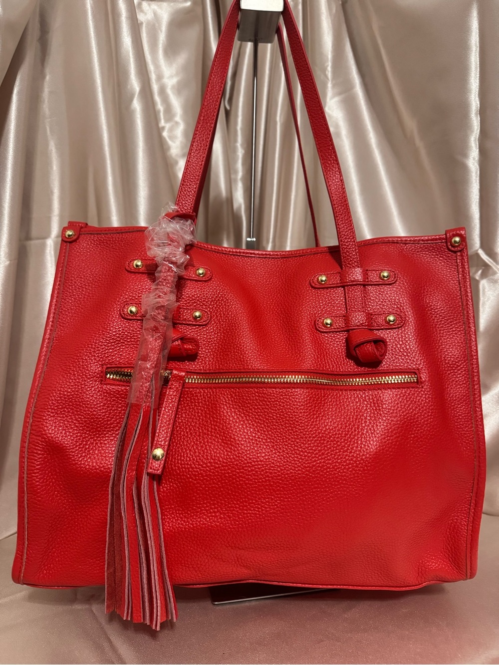Laggo Siena  Red Pebbled Tote with Tassel Accent